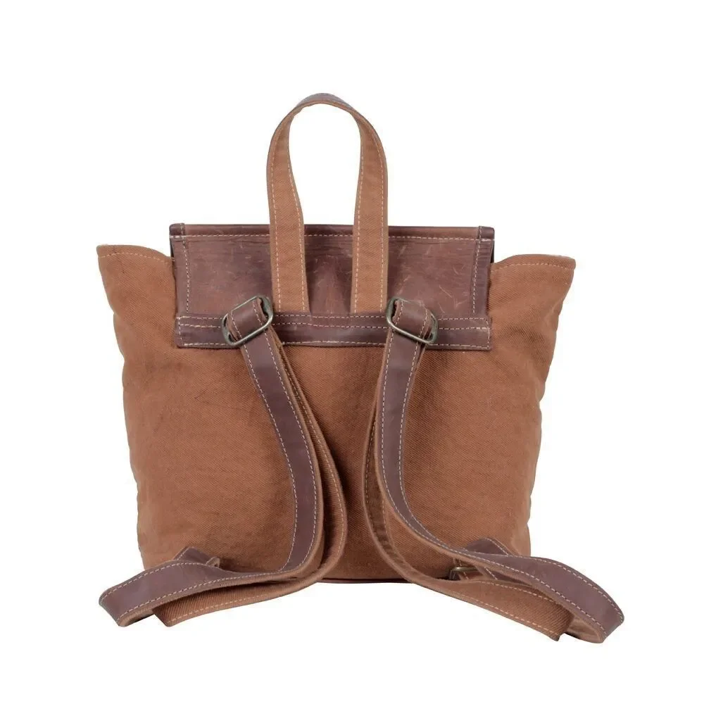 Myra Bag Handmade Terreous  Backpack Upcycled Canvas & Cowhide Leather